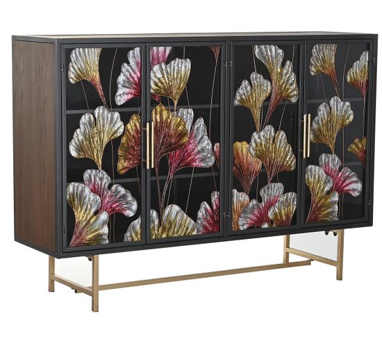 Buffet Meuble De Rangement En Bois Marron Motif Fleurs Et Métal Doré - L. 135 X H. 95 X P. 38 Cm