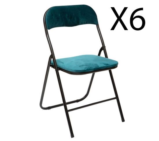 Lot De 6 Chaises Pliantes En Métal Coloris Bleu Canard - Longueur 44 X Profondeur 48 X Hauteur 79 Cm