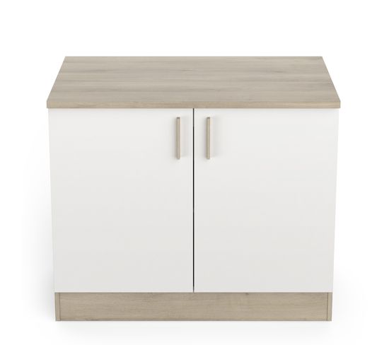 Meuble Bas De Cuisine Coloris Chêne Kronberg, Blanc - Longueur 100 X Hauteur 85 X Profondeur 60 Cm