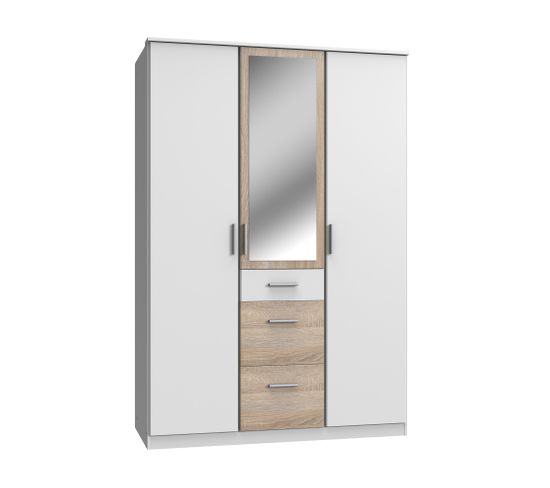 Armoire Placard, Meuble De Rangement + 1 Miroir blanc, Rechampis Imitation Chêne