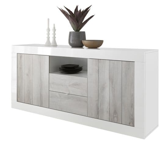 Buffet, Meuble De Rangement 2 Portes + 2 Tiroirs Blanc Brillant, Pin Blanc