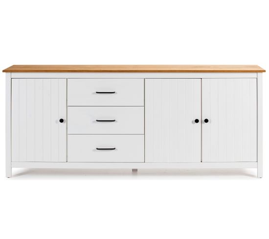 Buffet En Pin Massif Décor Ciré Chêne Et Blanc, Meuble De Rangement - L. 190 X P. 40 X H. 80 Cm