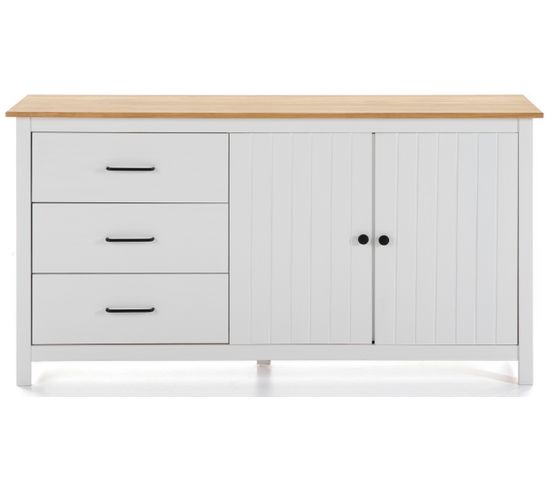 Buffet En Pin Massif Décor Ciré Chêne Et Blanc, Meuble De Rangement - L. 150 X P. 40 X H. 80 Cm