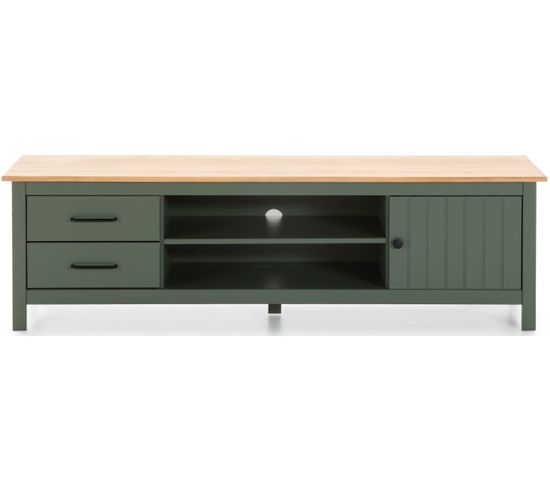 Meuble TV En Pin Massif Décor Ciré Chêne Et Vert, Meuble De Rangement - L. 158 X P. 40 X H. 47 Cm