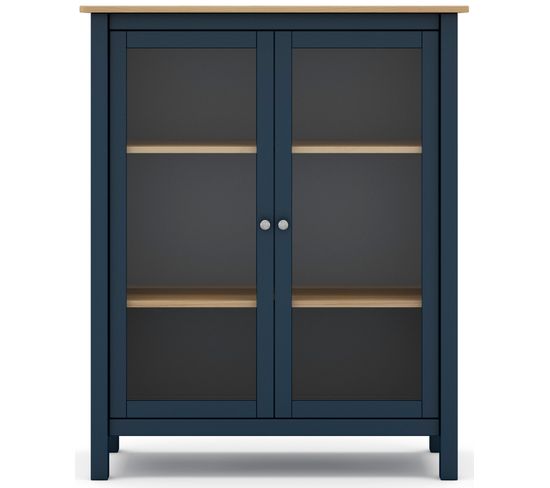 Vitrine En Pin Massif Chêne Et Bleu, Meuble De Rangement Avec 2 Portes - L. 90 X P. 40 X H. 110 Cm