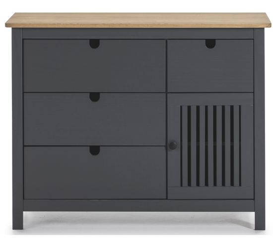 Commode En Pin Massif Décor Ciré Gris Anthracite Et Chêne, Meuble De Rangement