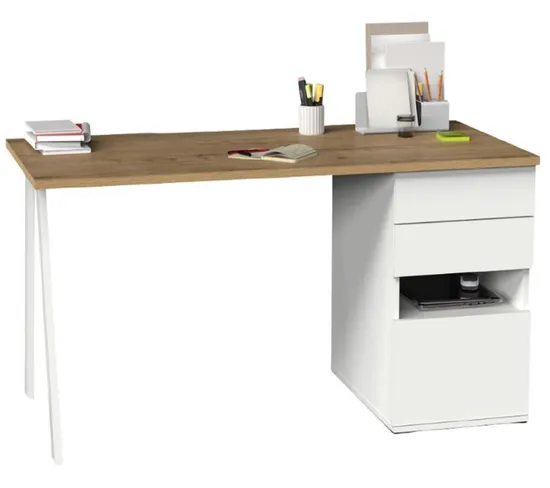 Bureau,table De Travail En Aggloméré Finition Chêne Doré Avec Pied En Métal Blanc