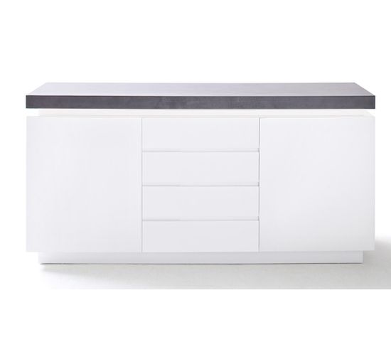 Buffet, Meuble De Rangement En Bois Coloris Blanc Mat, Gris Béton  - L. 150  X H. 80 X P. 40 Cm