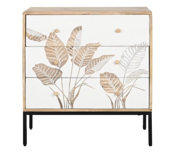 Commode, Meuble De Rangement En Bois De Manguier Naturel, Blanc Et Métal Noir