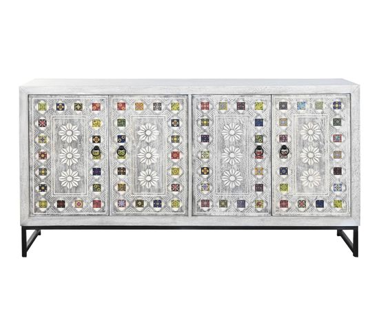 Buffet, Meuble De Rangement En Bois De Manguier Coloris Gris Et Céramique  L. 150 X P. 38 X H. 80 Cm