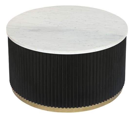 Table Basse Ronde En Marbre Blanc Et Métal Noir - Diamètre 80 X Hauteur 40 Cm