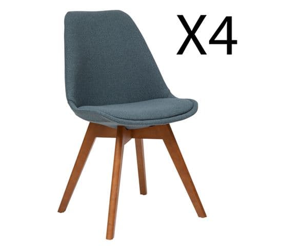 Lot De 4 Chaises De Table En Tissu Polyester Coloris Bleu, Pieds En Bois Foncé