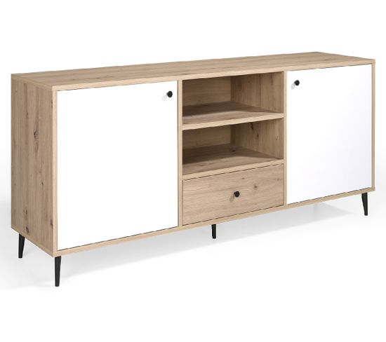 Buffet, Commode En Bois Coloris Chêne/blanc Avec Pieds En Métal Laqué Noir