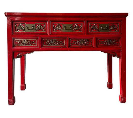 Meuble Console, Table Console En Bois Avec 3 Tiroirs Coloris Rouge - L. 120 X P. 49 X H. 90 Cm