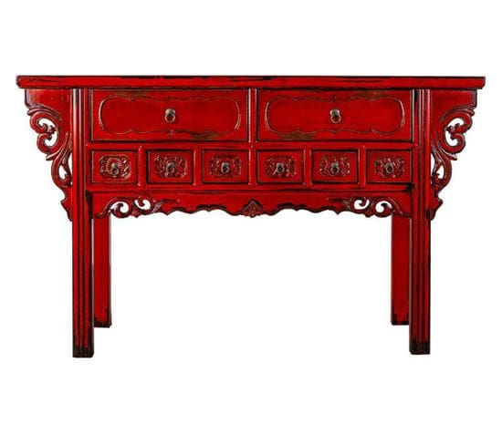 Meuble Console, Table Console En Bois Coloris Rouge -  L. 144 X P. 45  X H. 87 Cm