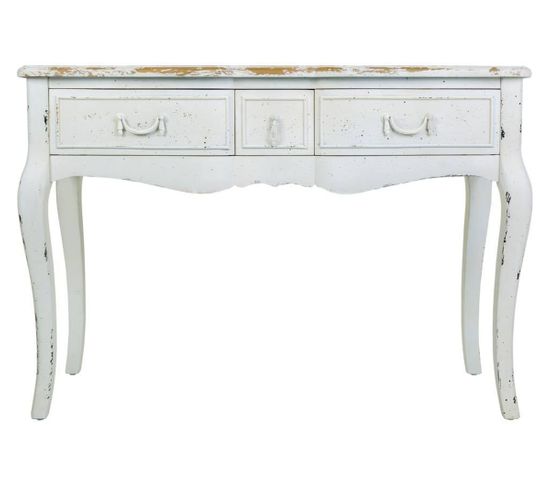 Meuble Console, Table Console En Bois Laqué Coloris Blanc Vieilli  - L. 115  X P. 50 X H. 80 Cm