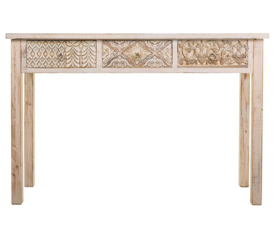 Meuble Console, Table Console En Bois Sculpté Coloris Blanc Vieilli - L. 120 X P. 35  X H. 80 Cm