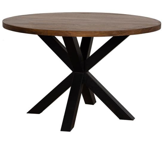 Table De Salon Ronde En Bois Marron Et Métal Noir - Diamètre 120 X Hauteur 76 Cm