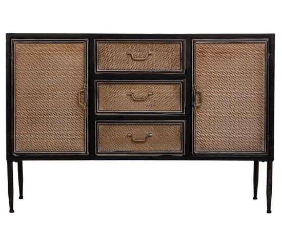 Buffet, Meuble De Rangement Avec 2 Portes Et 3 Tiroirs En Métal Coloris Noir, Marron