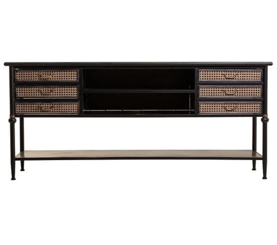 Buffet, Meuble De Rangement En Métal Avec 6 Tiroirs Coloris Marron - L. 180 X P. 45 X H. 80 Cm