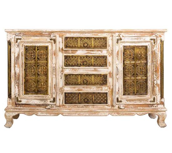 Buffet, Meuble De Rangement En Bois Avec 4 Tiroirs Et 2 Portes Coloris Blanc Vieilli