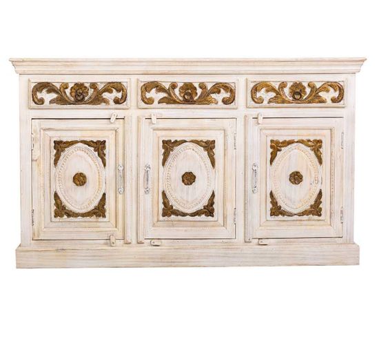 Buffet, Meuble De Rangement En Bois Avec 3 Tiroirs Et 3 Portes Coloris Blanc Vieilli