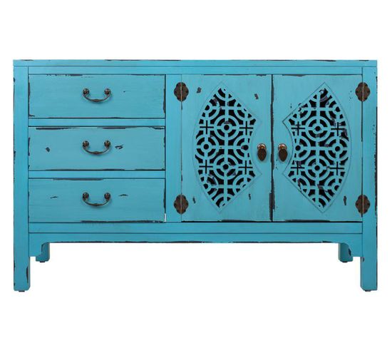 Buffet, Meuble De Rangement En Bois Avec 2  Portes Et 3 Tiroirs Coloris Bleu