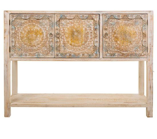 Buffet, Meuble De Rangement En Bois Sculpté Avec 3 Portes Coloris Blanc Vieilli