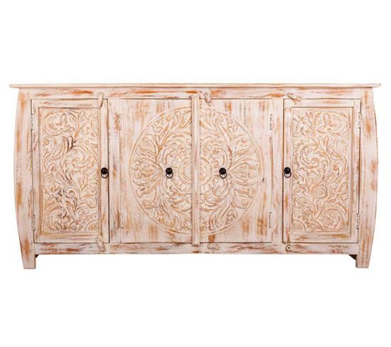 Buffet, Meuble De Rangement En Bois Avec 4 Portes Coloris Blanc Vieilli  - L. 165 X P. 40 X H. 83 Cm