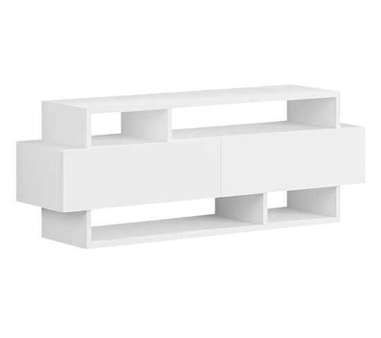 Meuble TV Avec 2 Portes Coloris Blanc - Longueur 125 X Profondeur 32 X Hauteur 42 Cm