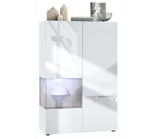 Vitrine Blanc Mat Et Brillant Insertion Sable Laquée (lxhxp) : 91,5 X 136,5 X 37 Cm + LED Blanc