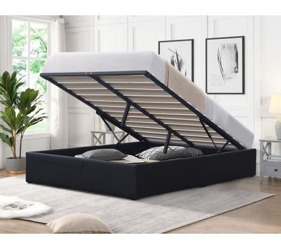 Lit Coffre Loris Noir + Pieds  Pour Matelas 180x200 Cm - 2 X 14 Lattes