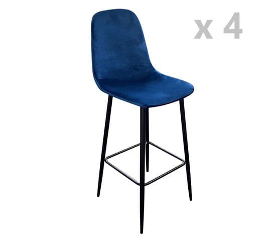 Lot De 4 Tabourets De Bar En Velours Vintage Inoui - Bleu