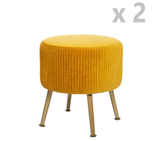 2 Tabourets Design Velours Contempo Solaro - Diam. 35 X H. 41 Cm - Jaune Ocre