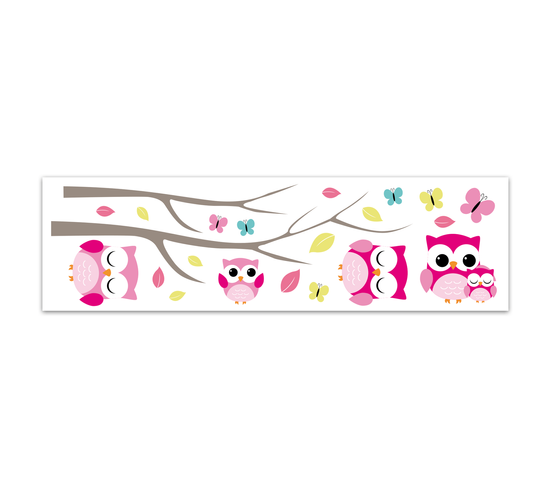 Lot 2x Sticker Enfant Chouettes - 70 X 20 Cm - Blanc Et Rose