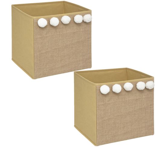 Lot De 2 Boîtes De Rangement Enfant Avec 5 Pompons - L. 29 X L. 29 Cm - Marron Et Blanc