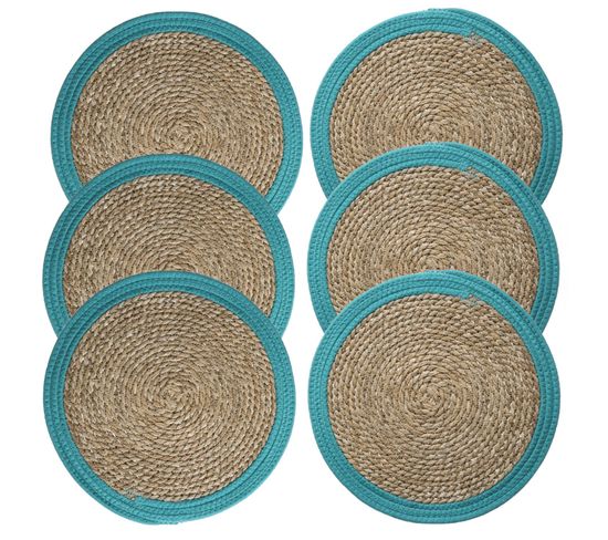 Lot De 6 Sets De Table Rond En Roseau Et Coton Pop - Diam. 38 Cm - Bleu