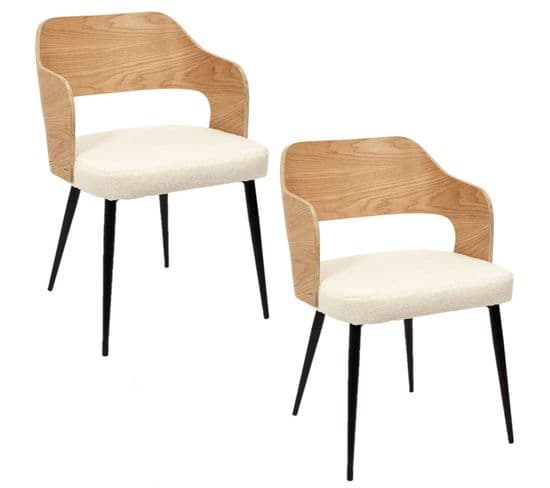 Lot De 2 Fauteuils De Table Assise Bouclette Loki En Contreplaqué Et Polyester - Beige Et Blanc