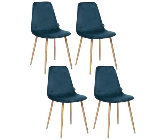 Lot De 4 Chaises En Polyester Effet Velours Et Pieds En Fer Roka - Bleu Canard