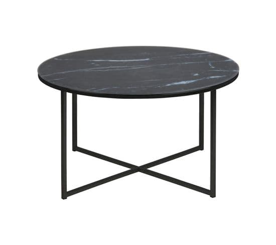 Table Basse Ronde Effet Marbre En Verre Et Métal - L.80 Cm X H. 45 Cm - Noir