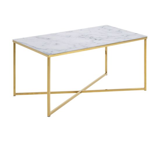 Table Basse Rectangulaire Effet Marbre En Verre Et Métal - L.90 Cm X H. 45 Cm - Doré Et Blanc