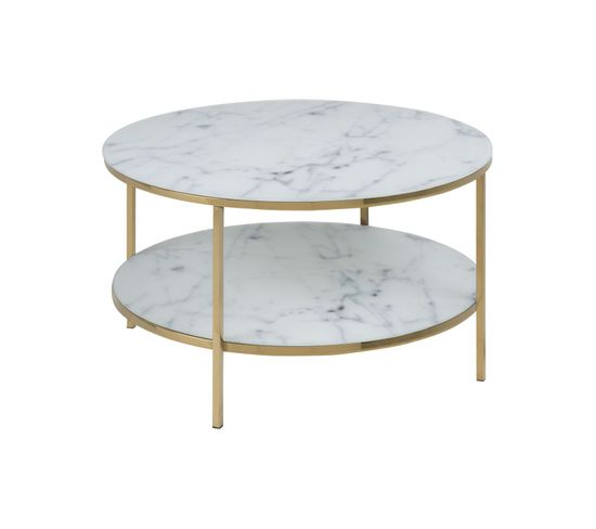 Table Basse Ronde Effet Marbre En Verre Et Métal 2 Niveaux - L.80 Cm X H. 45 Cm - Doré Et Blanc