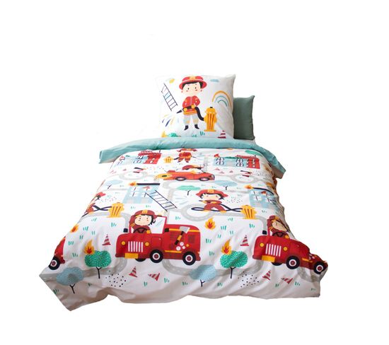 Parure De Lit Enfant Pompier - 100% Coton Adouci 57 Fils - 140 X 200 Cm