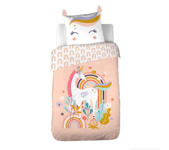 Parure De Lit Enfant Licorne Avec Oreilles Rembourrées - 100% Coton 57 Fils/cm² - 140 X 200 Cm