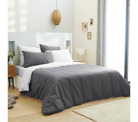 Pack Complet 6 Pièces Anthracite/blanc Housse De Couette Pour Lit 140 X 190 Cm 100% Coton