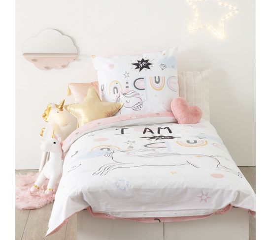 Parure De Couette 140 X 200 "licorne" Réversible 100% Coton / 57 Fils/cm²