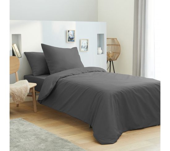 Parure De Draps 3 Pièces Unicolore Anthracite Pour Lit 90 X 190 Cm 100% Coton / 57 Fils/cm²