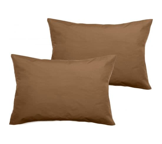 Lot De 2 Taies D'oreiller Percale Coton 80 Fils/cm² - Cognac - 50 X 70 + 5 Cm Volant Plat Piqué