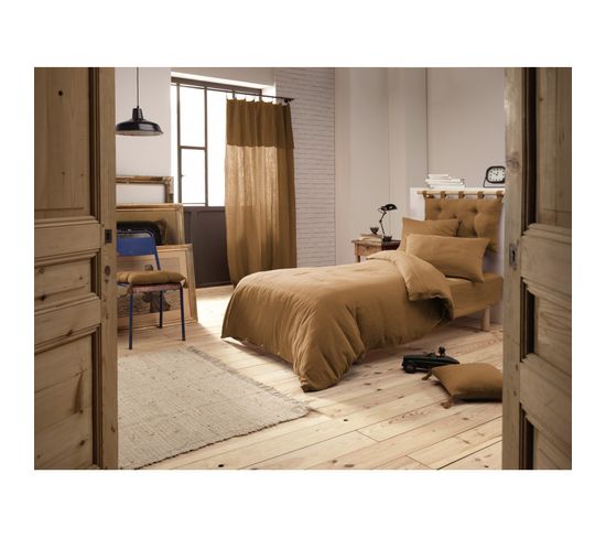 Pack Housse De Couette "gaïa"- "gaze De Coton" - Gaïa Camel - Pack 3 Pièces Pour Lit 90 X 190 Cm