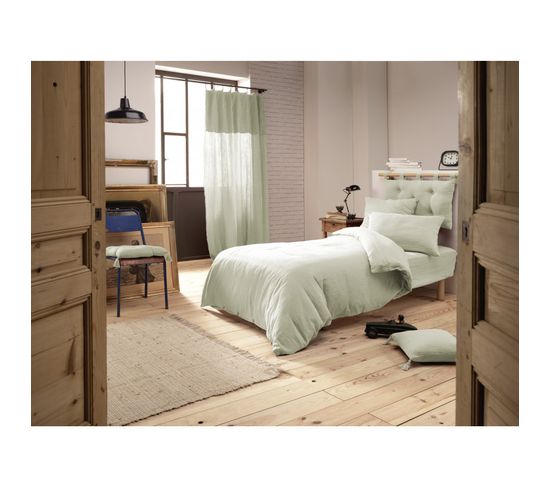 Pack Housse De Couette "gaïa"- "gaze De Coton" - Vert D'eau - Pack 3 Pièces Pour Lit 90 X 190 Cm